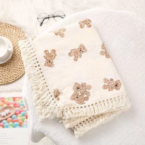 DOWNA Vải Muslin Chăn vải muslin Chất liệu cotton Họa tiết kẻ sọc Chăn êm ái cho bé Dễ thương Hình vuông Chăn bông cho bé Dành cho trẻ sơ sinh