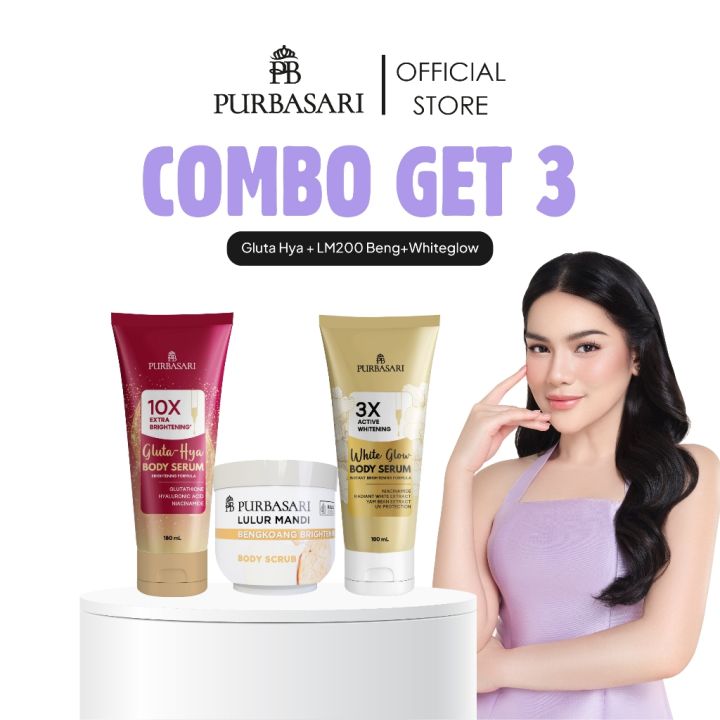 COMBO SUPER] Purbasari Body Serum 180ml Glutathione + White Glow dan Purbasari Lulur Mandi Bengkoang 200 gr