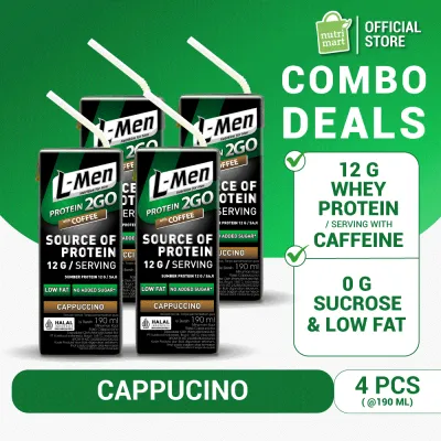 L-Men Hi Protein 2GO Cappuccino 190ml x 4 Tetrapack - 12g Whey Protein / Serving - Suplemen Tinggi Protein Berkafein Siap Minum