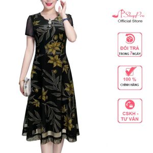 Đầm Xoè Trung Niên Sang Trọng Kiểu Đầm Xoè In Hoạ Tiết Phối Lưới Thun Kèm Phụ Kiện SHOPPRO - 3332
