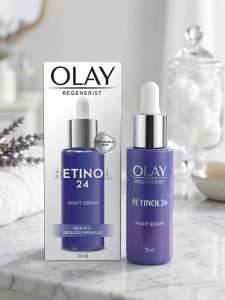 OLAY Retinol 24 Night Serum 30ml - Nighttime skincare product with retinol for renewing and reducing wrinkles.