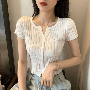 ⚡Port⚡ blouses women new style 2025 Short Sleeved Sweater Coat Women Round Neck Knitted Cardigan Summer Slim Fit Short Top