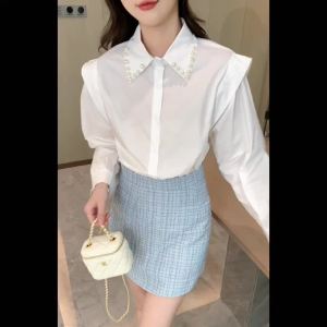 AMMIN 2025 Autumn Korean Style Fashion Pearl Beaded Lapel Long Sleeve Cotton White Shirt for Women New Unique Single-Breasted Ruffled Patchwork Design Elegant Blouse