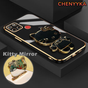 CHENYYKA Casing Ponsel untuk Realme C12 C11 2020 C15 C25 C25s Narzo 20 30A 50A Case silikon HP pelindung lensa penuh Casing ponsel dudukan ponsel lipat cermin Kitty kreatif Kesing lunak pelapis mewah Softcase