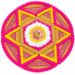 Handmade Artificial Marigold Rangoli 13-Pcs Set with Tealight Holder | Diwali Gift Pooja & Festive Decor | Yellow & Pink (Size - 23 Inches)