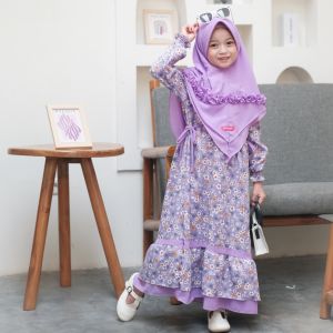 Gamis Dress Sumayah Anak Syari Set Plus hijab 2 Layer Motif Bunga Bahan Shakila Mix Ceruty Babydoll