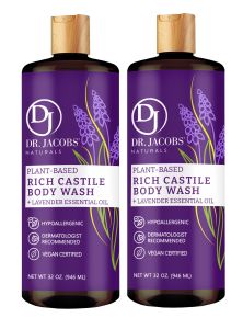 Dr Jacobs Naturals LAVENDER CASTILE BODY WASH 32oz Twin Pack (2 x 946ml bundle) - Made in USA - Made with antioxidant rich olive and coconut oil (never palm oil) essential oils