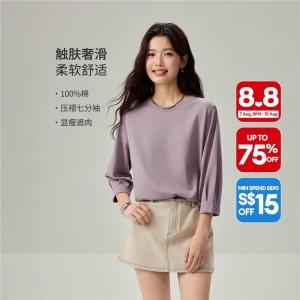 Giordano Women 100% cotton high-low hem 3/4 sleeve tee Free Shipping 05326783