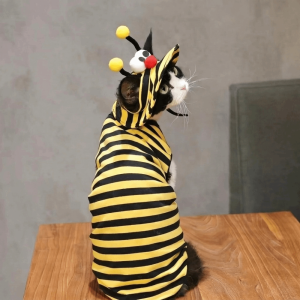 OUTOPEN Breathable Bee Themed Cat Outfit Set with Sun Hat Striped T-Shirt Pet Bee Costume Fashion Lightweight Bee Cosplay Clothes Photo Props