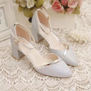 Pointed Toe Glitter Block Heel Pumps Womens Ankle Strap Buckle High Heel Shoes for Bridesmaid Prom and Evening Events