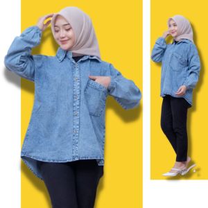 Mallex Fashion Kemeja Jeans Wanita Jumbo Tunik Denim Over Size LD 115 cm