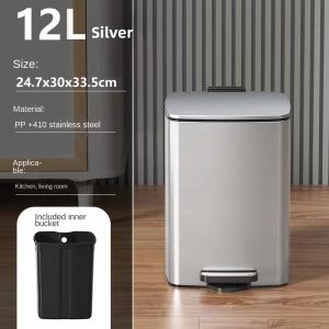 High Quality 30L Stainless square trash can Bin Metal Pedal with cover for room Office Bathroom with cover with Plastic Bucket Inside