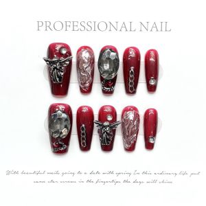 100% HANDMADE Artificial Nail Dark Loli Blood Red Butterfly Wings Cross Phototpy Nails Reusable and Removable Nails