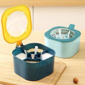 MAOMEI STUDIO Loại đẩy Hộp gia vị 4 trong 1 Chống rò rỉ 4 ô lưới Hộp đựng đường và muối Chống ẩm có nắp thìa Hộp đựng gia vị Nhà bếp gia đình