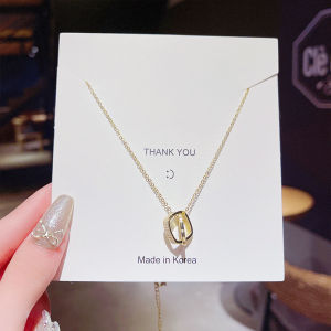 good 999 Korean fashion design 18K gold titanium steel Square double ring zircon Necklace N8084