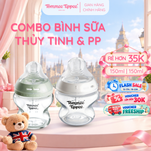 COMBO Bình Sữa Thuỷ Tinh Ty Siêu Mềm Tự Nhiên Tommee Tippee 150ml & Bình Sữa Ty Siêu Mềm Tự Nhiên Tommee Tippee 150ml