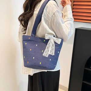 CICI Retro Denim Bucket Bag Lace Ribbon Underarm Pouch Embroidery Shoulder Bag Beach Vacation ic Button Women Bucket Handbag Summer