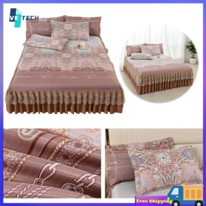 [ VKTECH ] 3pcs Ice Silk Bedding Set with Ruffle Bed Skirt and Pillowcases Stylish Home Decor Soft Cool Fabric for Bedroom