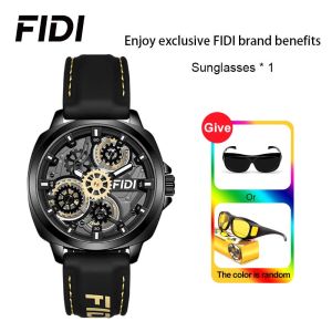 Đồng hồ thạch anh Nam Fidi dạ quang | vỏ có kết cấu bánh răng + Mặt sau khắc laser | Dây đeo silicon linh hoạt | Kính cường lực khoáng 3ATM không thấm nước