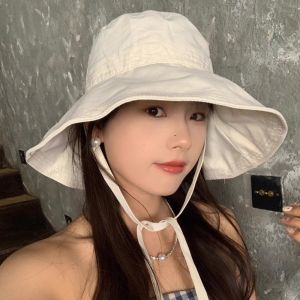 Lightweight Solid Color Sunscreen Bucket Hat Thin Adjustable Fisherman Hat with Strap Foldable Wide Brim Sun Hat Outdoor