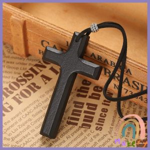 Makery【Ready in Stock】 Wooden Cross Necklace On Leather Cord For Pendant In Black Brown Tone Jewelry
