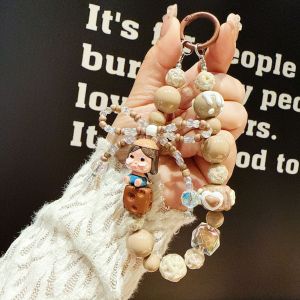 New Cartoon Bubble Mart Phone Chain Bead String Hand drawn Bead Keychain Pullcloth Pendant