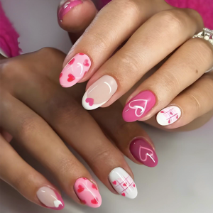 24 Pcs Pink Heart Artificial Nail Valentines Day False Nail Lovely Stick on Nail French Press On Nail for Holiday