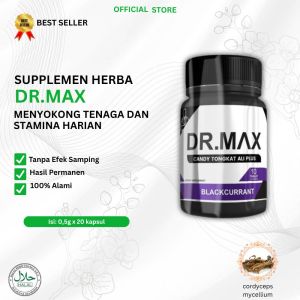 Herbal supplement DR.MAX for daily energy and stamina. Blackcurrant flavor. 100% natural. No side effects. Permanent results. 20 capsules. 0.5g each.