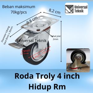 Roda Troly Troli karet Hidup Rem 4 inch  Caster kastor kaster kaster 4"