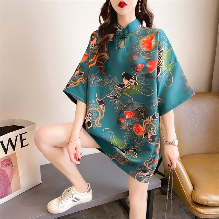 Plus size Plus size cheongsam dress Chinese style for girls women loose short sleeve Printed New Year mididress Lazada