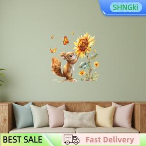SHNGki Rustic Animal Print Wall Decal Watercolor Squirrel And Sunflower Design For Glass Windows