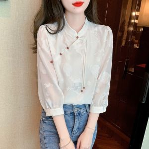 Chinese Style Blouse Women 3/4 Sleeve Shirt Fashion Elegant Vintage Top Plus Size