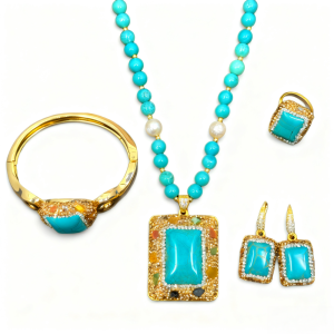 Square Turquoise Quartz Pendant Inlaid Natural Tourmaline Beaded Necklace Earring Ring Ethnic Style Freshwater Pearl Jewelry Set H260610