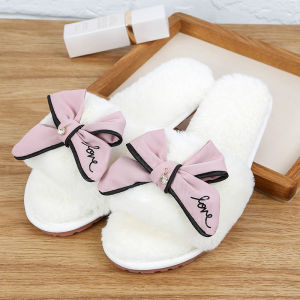 ＜915＞  Dropshipping Handmade Big Bow Fluffy Slippers Wool Sleeper Shoes Womens  Outdoor Fashion Plush Home Word Wool Sleeper
