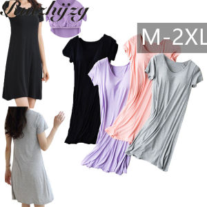Ruizhijzg Ready stock Casual Loose Dress With Padding Women Long Fashion Summer Modal Cotton Night Sleepwear Round Neck Ladies Dresses Plus Size Korean Style