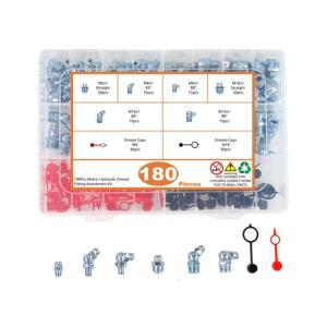 180Pcs Grease Fitting Kit Assorted Lubricating Screw Nozzle Angled Grease Nipple Bearing Lubrication Box Storage