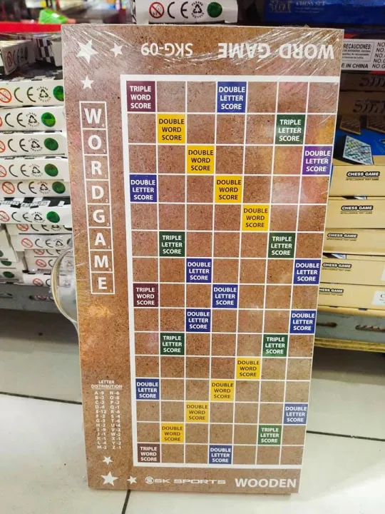 Wordgame/Scrabble with wooden board and plastic tiles