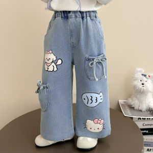 Christmas Gift Halloween Kawaii Girls Hello Kitty Jeans Autumn New Sanrio Cartoon Anime Casual Pants Sweet Soft Versatile Comfortable Straight Leg Pants