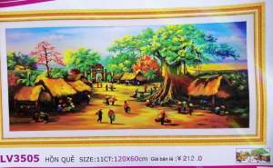 Tranh thêu chữ thập Hồn quê Chợ quê (về tự thêu) LV3505