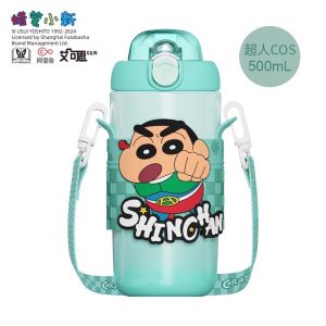 ขวดน้ําชินจัง พร้อมหลอด เก็บอุณหภูมิ สำหรับเด็ก ขนาด500 มล. ลายน่ารัก ความจุขนาดใหญ่กาต้มน้ําโรงเรียน