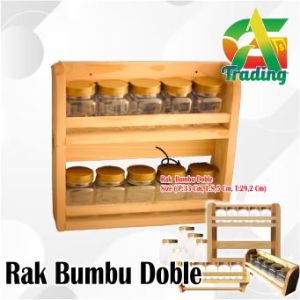 Tempat Bumbu Kayu 2 Tingkat dengan 10 Toples Dapat Sticker Bumbu