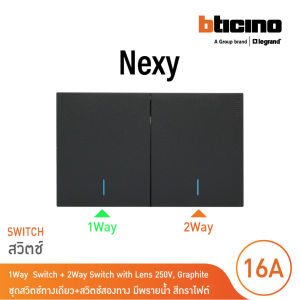 BTicino ชุดสวิตช์ทางเดียว 1 ช่อง + สวิตช์สองทาง 1 ช่อง มีพรายน้ำ สีกราไฟต์ รุ่น Nexy  BTicino