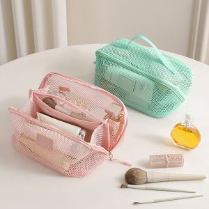 KINTHAZER Zipper Mesh Cosmetic Bag Lightweight Solid Color Cosmetic Organizer Fashion Transparent Toiletry Storage Bag Office