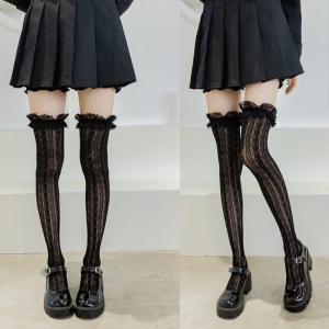 Women Fishnet Thigh High Socks Japanese Style Heart Striped Lace Patterned Ruffled Over Knee Long Stockings
