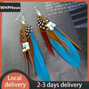 [COD] WHPHous Ship within 24 hours Fashion Tassel Dangling Earrings Feather Leather Beads Earrings Indian Feathers