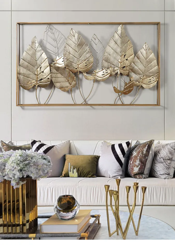 130x75cm Double-Layer Frame3D Golden Leaf Wall Decoration Wall Hanging  Living Room Sofa Background Wall Decoration Pendant Retro Golden Leaves  Iron