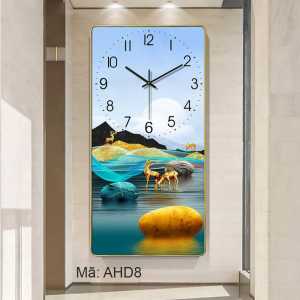 Mẫu tranh đồng hồ tráng gương AHD8- Hươu tài lộctreo sang trọng đồng hồ kim trôi cao cấp siêu bền siêu đẹp