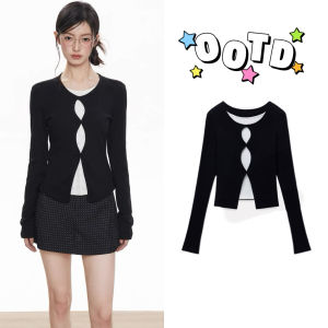 iBlue พร้อมส่ง🖤🐰เสื้อยืดแขนยาวทรงครอป ดีไซน์เก๋เก๋ เสื้อเชิ้ตรัดรูปสองชิ้นติดกัน สายโพกาดอท สไตล์เกาหลี แฟชั่นผู้หญิงY2K