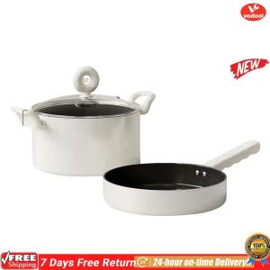 [VOF] Soup Pot 22cm 2 pcs Sauce Pan Set Uncoated White Pan Set Wok Easy To Clean Compatible with All Stovetops