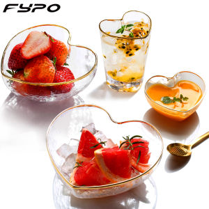 Fypo Golden Rim Transparent Heart Shaped Bowl Japanese Style Clear Glass Tableware Dessert Breakfast Bowl Fruit Vegetable Salad Plate Snack Dish Water Cup Tea Milk Cup Creative Household Dinnerware